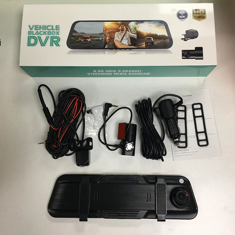 Experience Ultimate Safety with Our 3 Channel HD 1080P Touch Screen Dash Cam Car Mirror - Featuring Front, Inside, and Rear Cameras with 170° Wide Angle!