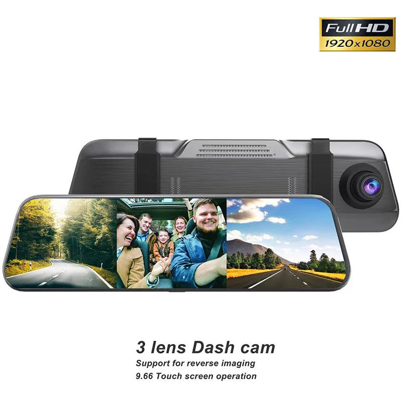 Experience Ultimate Safety with Our 3 Channel HD 1080P Touch Screen Dash Cam Car Mirror - Featuring Front, Inside, and Rear Cameras with 170° Wide Angle!