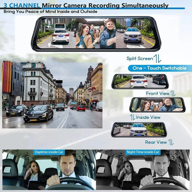 Experience Ultimate Safety with Our 3 Channel HD 1080P Touch Screen Dash Cam Car Mirror - Featuring Front, Inside, and Rear Cameras with 170° Wide Angle!